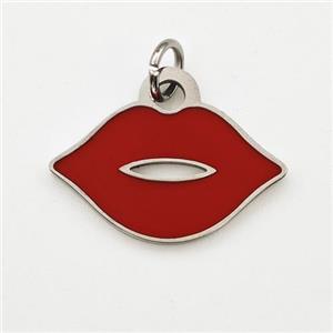 Raw Stainless Steel Lips Pendant Red Enamel, approx 11-18mm [SSB6034]