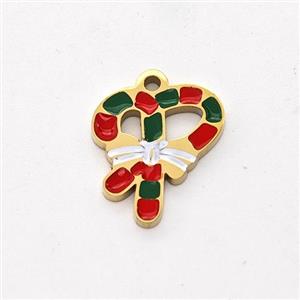 Christmas Candy Cane Charms Stainless Steel Pendant Enamel Gold Plated, approx 10-12mm [SSB6210]