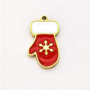 Christmas Mitten Charms Stainless Steel Pendant Red Enamel Gold Plated, approx 8-13mm [SSB6221]
