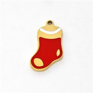 Christmas Stocking Charms Stainless Steel Pendant Red Enamel Gold Plated, approx 8-12mm [SSB6222]