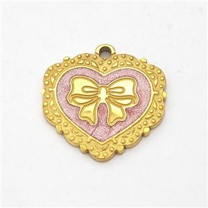Stainless Steel Heart Pendant Bowknot Pink Painted Gold Plated, approx 15-16.5mm [SSB6229]