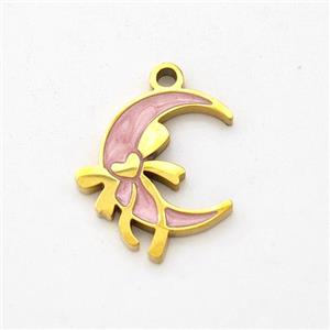 Stainless Steel Moon Pendant Bowknot Pink Painted Gold Plated, approx 12-14mm [SSB6230]