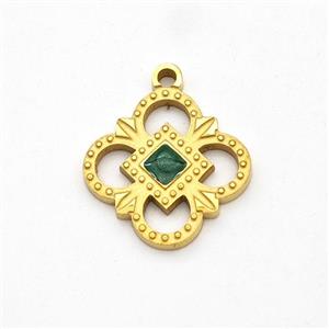 Stainless Steel Flower Pendant Pave Green Jade Gold Plated, approx 14.5mm [SSB6246]