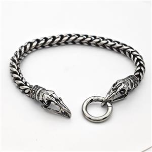 304 Stainless Steel Bracelet Crowhead Antique Silver, approx 9-22mm, 18mm, 6mm, 21cm length [SSB6261]