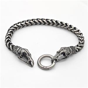 304 Stainless Steel Bracelet Crowhead Antique Silver, approx 9-22mm, 18mm, 6mm, 21cm length [SSB6271]
