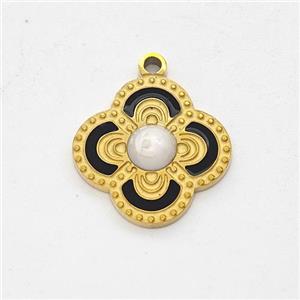 Stainless Steel Clover Pendant Black Enamel Gold Plated, approx 14.5mm [SSB6297]