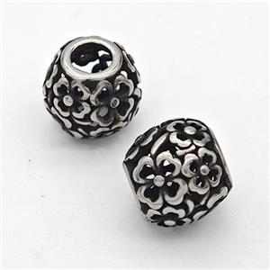 Stainless Steel Round Beads Hollow Large Hole Antique Silver Flower, approx 9-10mm, 4mm hole [SSB6316]