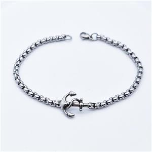 304 Stainless Steel Anchor Bracelet Antique Silver, approx 16-23mm, 4mm, 21cm length [SSB6342]