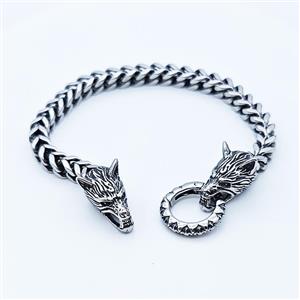 304 Stainless Steel Wolf Bracelet Antique Silver, approx 13-25mm, 19mm, 6mm, 21cm length [SSB6351]