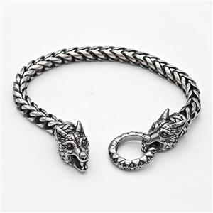 304 Stainless Steel Wolf Bracelet Antique Silver, approx 12-25mm, 19mm, 6mm, 21cm length [SSB6384]