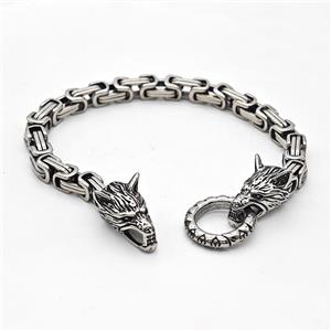 304 Stainless Steel Wolf Bracelet Antique Silver, approx 11-25mm, 19mm, 6mm, 21cm length [SSB6392]