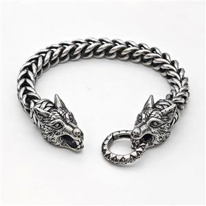 304 Stainless Steel Wolf Bracelet Antique Silver, approx 15-35mm, 19mm, 8mm, 21cm length [SSB6395]