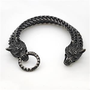 304 Stainless Steel Bracelet Wolf Antique Black, approx 18-25mm, 12mm, 21cm length [SSB6476]
