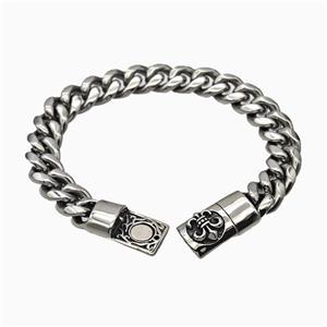 304 Stainless Steel Bracelet Fleur De Lis Antique Silver, approx 14-45mm, 13mm, 21cm length [SSB6487]