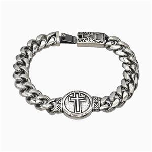 304 Stainless Steel Bracelet Cross Antique Silver, approx 22-45mm, 14-45mm, 13mm, 21cm length [SSB6490]