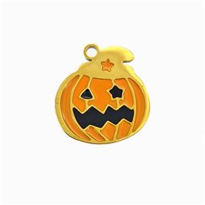 Halloween Pumpkin Charms 304 Stainless Pendant Orange Enamel Gold Plated, approx 14mm [SSB6560]