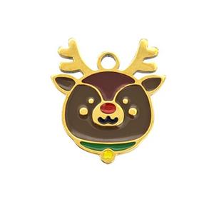 Christmas Reindeer Charms 304 Stainless Steel Pig Pendant Enamel Gold Plated, approx 13-15mm [SSB6596]
