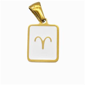 Stainless Steel Symbol Pendant Zodiac Aries White Enamel Rectangle Gold Plated, approx 11-13mm [SSB6627]