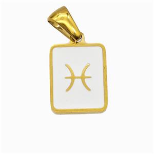 Stainless Steel Symbol Pendant Zodiac Pisces White Enamel Rectangle Gold Plated, approx 11-13mm [SSB6631]
