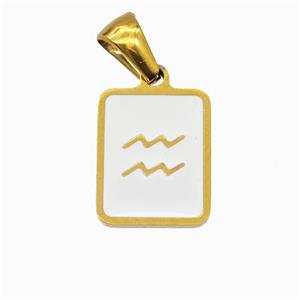 Stainless Steel Symbol Pendant Zodiac Aquarius White Enamel Rectangle Gold Plated, approx 11-13mm [SSB6637]