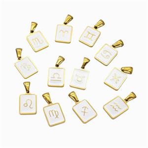 Stainless Steel Symbol Pendant Zodiac White Enamel Rectangle Gold Plated Mixed, approx 11-13mm [SSB6639]