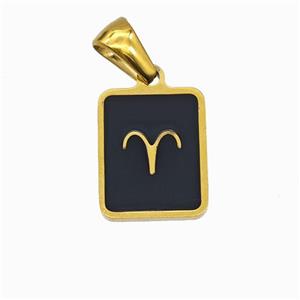 Stainless Steel Symbol Pendant Zodiac Aries Black Enamel Rectangle Gold Plated, approx 11-13mm [SSB6640]