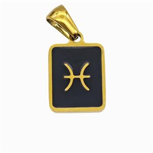 Stainless Steel Symbol Pendant Zodiac Pisces Black Enamel Rectangle Gold Plated, approx 11-13mm [SSB6644]
