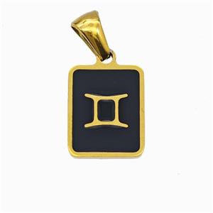 Stainless Steel Symbol Pendant Zodiac Gemini Black Enamel Rectangle Gold Plated, approx 11-13mm [SSB6645]