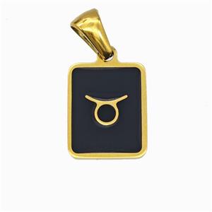 Stainless Steel Symbol Pendant Zodiac Taurus Black Enamel Rectangle Gold Plated, approx 11-13mm [SSB6647]
