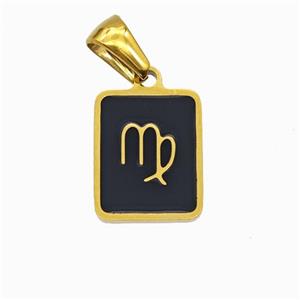 Stainless Steel Symbol Pendant Zodiac Virgo Black Enamel Rectangle Gold Plated, approx 11-13mm [SSB6648]
