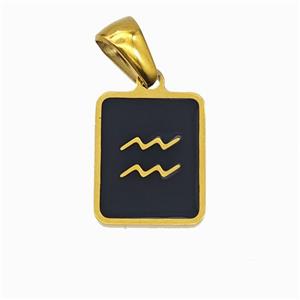 Stainless Steel Symbol Pendant Zodiac Aquarius Black Enamel Rectangle Gold Plated, approx 11-13mm [SSB6651]