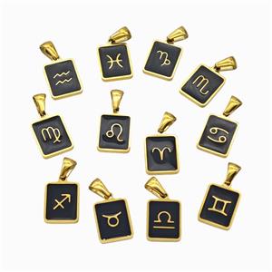 Stainless Steel Symbol Pendant Zodiac Black Enamel Rectangle Gold Plated Mixed, approx 11-13mm [SSB6652]