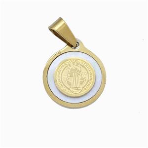 Jesus Charms Stainless Steel Circle Pendant Pave Shell Gold Plated, approx 15mm [SSB6654]
