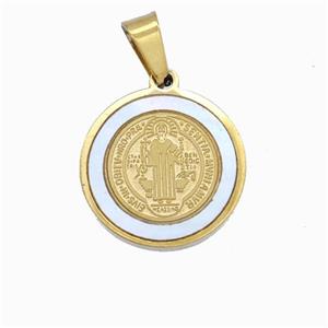 Jesus Charms Stainless Steel Circle Pendant Pave Shell Gold Plated, approx 18mm [SSB6655]