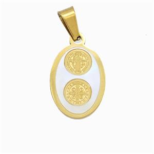Jesus Charms Stainless Steel Oval Pendant Pave Shell Gold Plated, approx 13-18mm [SSB6656]