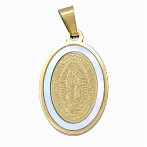 Virgin Mary Charms Stainless Steel Oval Pendant Pave Shell Gold Plated, approx 17-25mm [SSB6659]