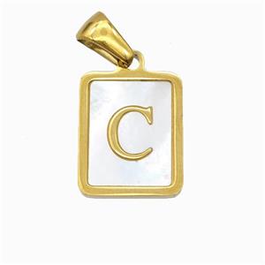 Stainless Steel Rectangle Pendant Pave Shell Letter-C Gold Plated, approx 12-15mm [SSB6664]