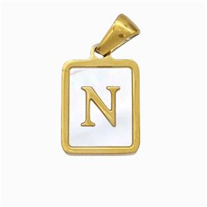 Stainless Steel Rectangle Pendant Pave Shell Letter-N Gold Plated, approx 12-15mm [SSB6675]