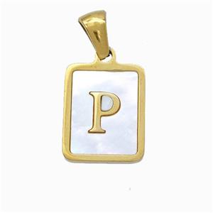 Stainless Steel Rectangle Pendant Pave Shell Letter-P Gold Plated, approx 12-15mm [SSB6677]
