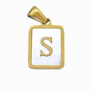 Stainless Steel Rectangle Pendant Pave Shell Letter-S Gold Plated, approx 12-15mm [SSB6680]