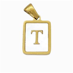 Stainless Steel Rectangle Pendant Pave Shell Letter-T Gold Plated, approx 12-15mm [SSB6681]