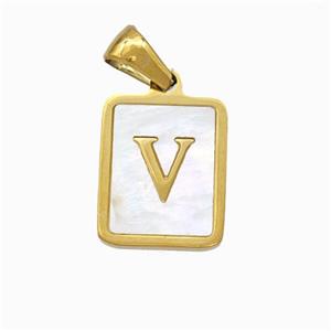 Stainless Steel Rectangle Pendant Pave Shell Letter-V Gold Plated, approx 12-15mm [SSB6683]