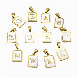Stainless Steel Rectangle Alphabet Pendant Pave Shell Gold Plated Mix Letters, approx 12-15mm [SSB6688]
