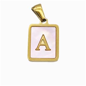 Stainless Steel Rectangle Pendant Pave Pink Shell Letter-A Gold Plated, approx 12-15mm [SSB6689]