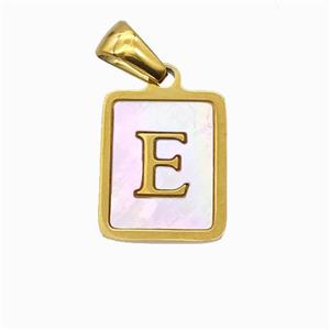 Stainless Steel Rectangle Pendant Pave Pink Shell Letter-E Gold Plated, approx 12-15mm [SSB6693]