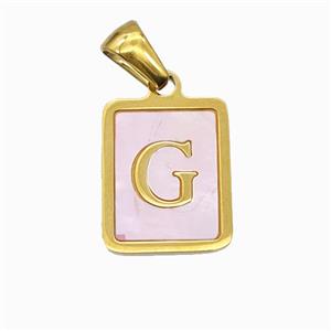 Stainless Steel Rectangle Pendant Pave Pink Shell Letter-G Gold Plated, approx 12-15mm [SSB6695]