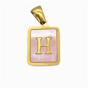 Stainless Steel Rectangle Pendant Pave Pink Shell Letter-H Gold Plated, approx 12-15mm [SSB6696]
