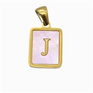 Stainless Steel Rectangle Pendant Pave Pink Shell Letter-J Gold Plated, approx 12-15mm [SSB6698]