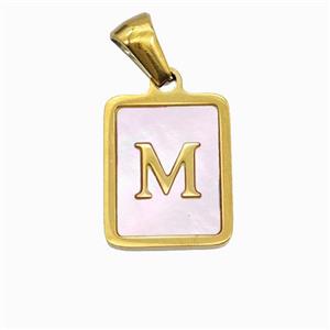 Stainless Steel Rectangle Pendant Pave Pink Shell Letter-M Gold Plated, approx 12-15mm [SSB6701]