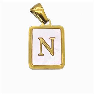 Stainless Steel Rectangle Pendant Pave Pink Shell Letter-N Gold Plated, approx 12-15mm [SSB6702]